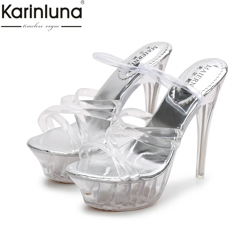 

Karinluna 2019 Plus Size 43 Top Quality Summer Thin High Heels PVC Women Shoes Sexy Party Shoes Woman Sandals Mules Pumps