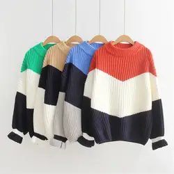 В Корейском стиле на осень-зиму Свободные толстый шерстяной свитер женские теплые Цвет соответствующие пуловер грубой пряжи с круглым