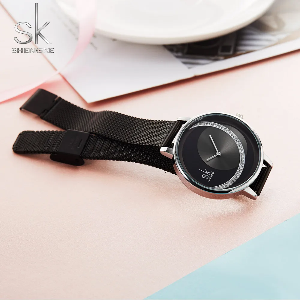 SHENGKE Brand Women Watch Creative Rhinestone Cool Black Stainless Quartz Watches Lady's Fashion Casual Waterproof Gift Clock