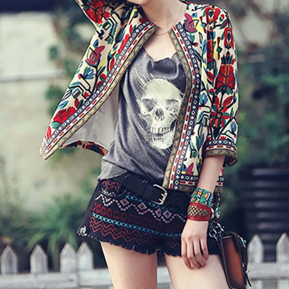 Женское базовое пальто 2017 в богемном стиле с вышивкой и рукавом три четверти