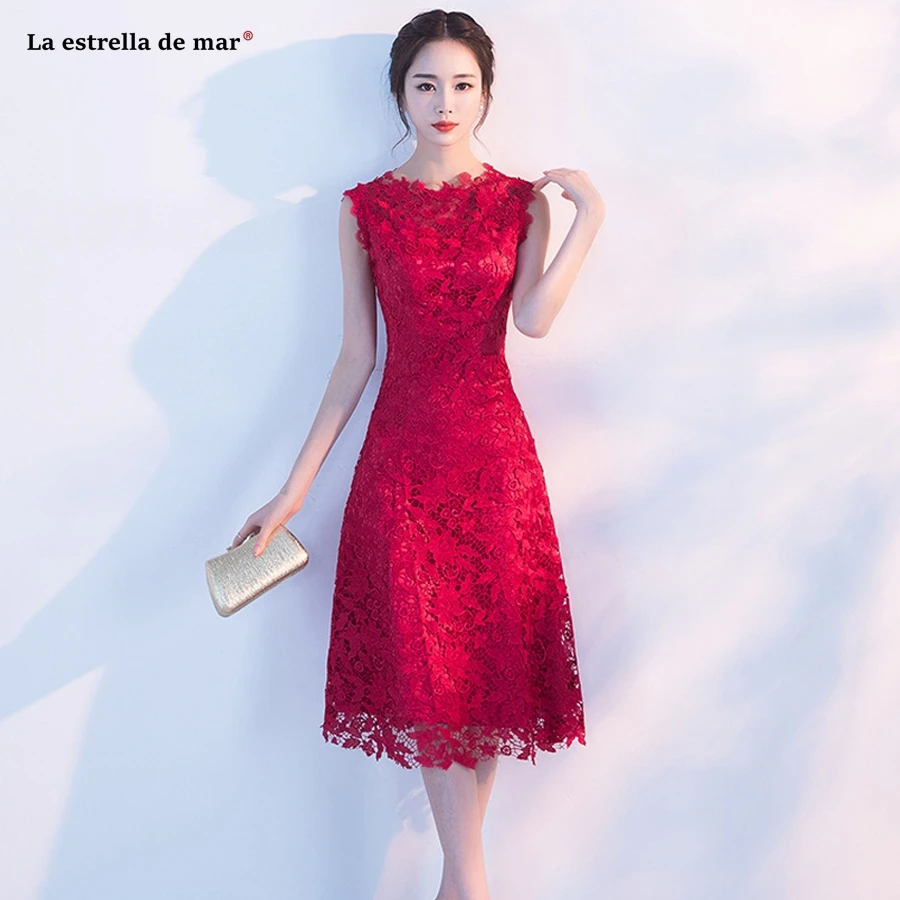 

La estrella de mar vestido madrinha2019 new Scoop neck lace A Line champagne ivory burgundy bridesmaid dresses Tea-Length