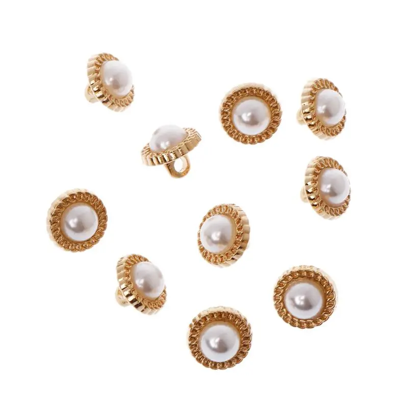 10pcs Golden Pearl Crystal Shank Buttons Wedding Bridal Sewing Decor 10mm