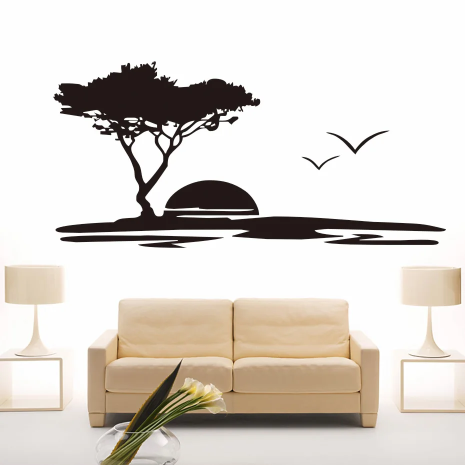 Landscape Wall Art Mural Sunset Seagulls Big Tree Decal Modern Home