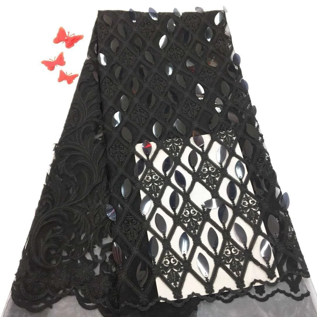 Черный Нигерии кружевной ткани вышитые африканские французские ткани ...