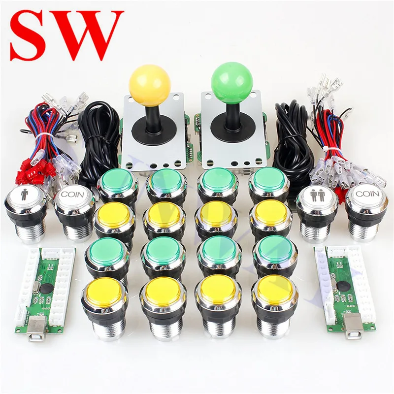 

2 player Arcade DIY Kit with LED USB Encoder To PC Joystick 32mm Chrome Plating led light Push Button For Mame Game Mahcine Part