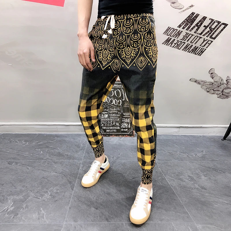Мода 2019 желтые клетчатые брюки мужские хип-хоп Jogger Брюки уличные повседневные