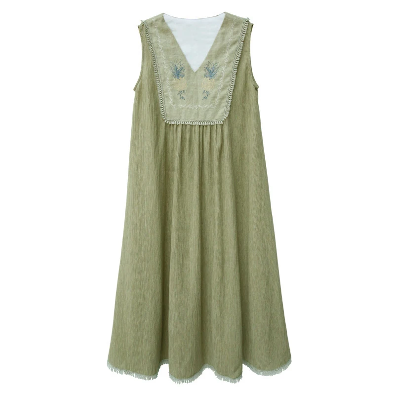 

PERHAPS U green pineapple embroidery tassel v neck sleeveless tank summer sleeveless loose solid casual dress midi dress D0494