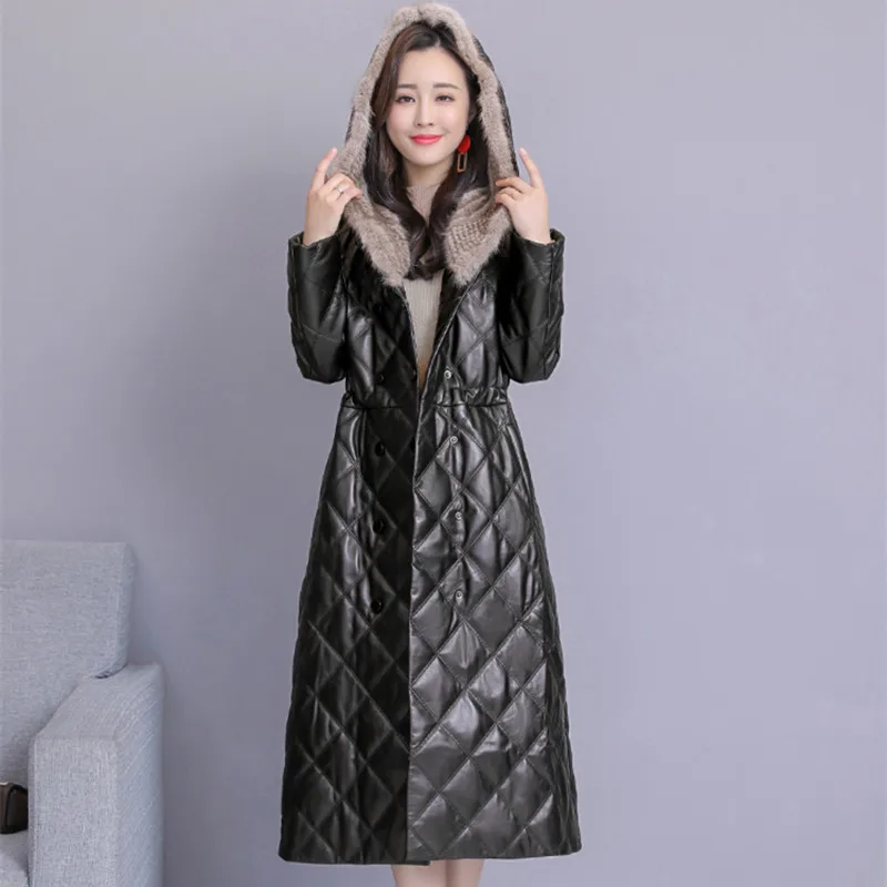 HANZANGL кожаная женская куртка зима плед норковый меховой воротник с капюшоном размера плюс длинное пальто из овечьей кожи M~ 5XL - Цвет: Черный