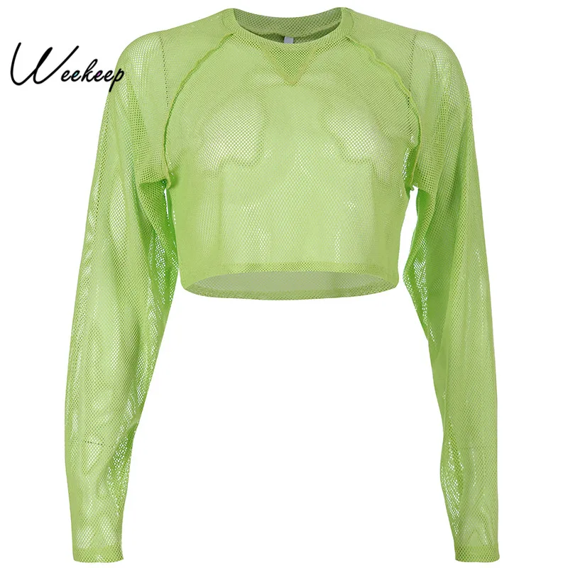 

Weekeep Women Sexy Mesh Long Sleeve tshirt Streetwear Loose O-neck t shirt Women Cropped tee shirt femme Tops
