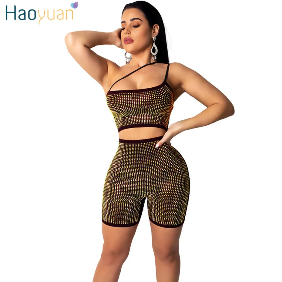 

HAOYUAN Women Sexy Diamond Rompers Shorts Jumpsuit Shiny Rhinestone Bodycon Club Overalls Gold Silver Sparkly Bodysuit Playsuit