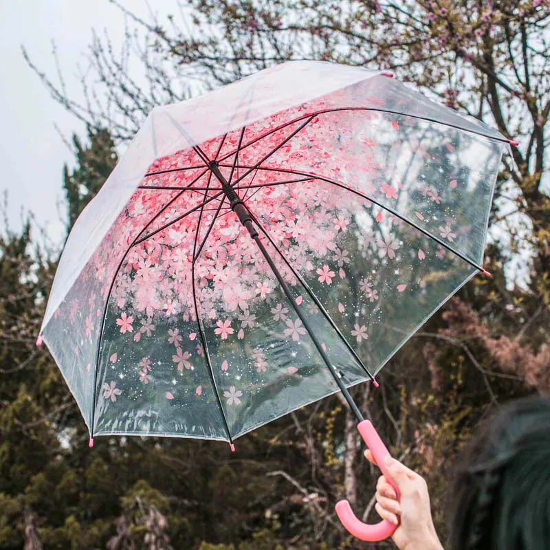 

Cherry Transparent Umbrella Lady Women Girl Student Wedding Birthday Part Long-Handle Automatic Umbrella Pink Blue Green Purple