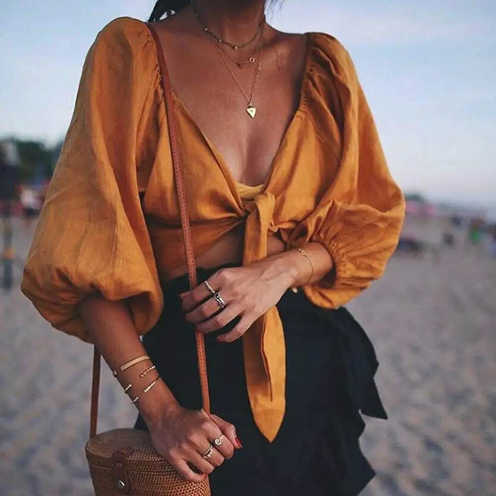 

2019 New Yfashion Women Summer Vintage Sexy Loose Beach Vacation Puff Sleeve Bow-knot Casual Shirt