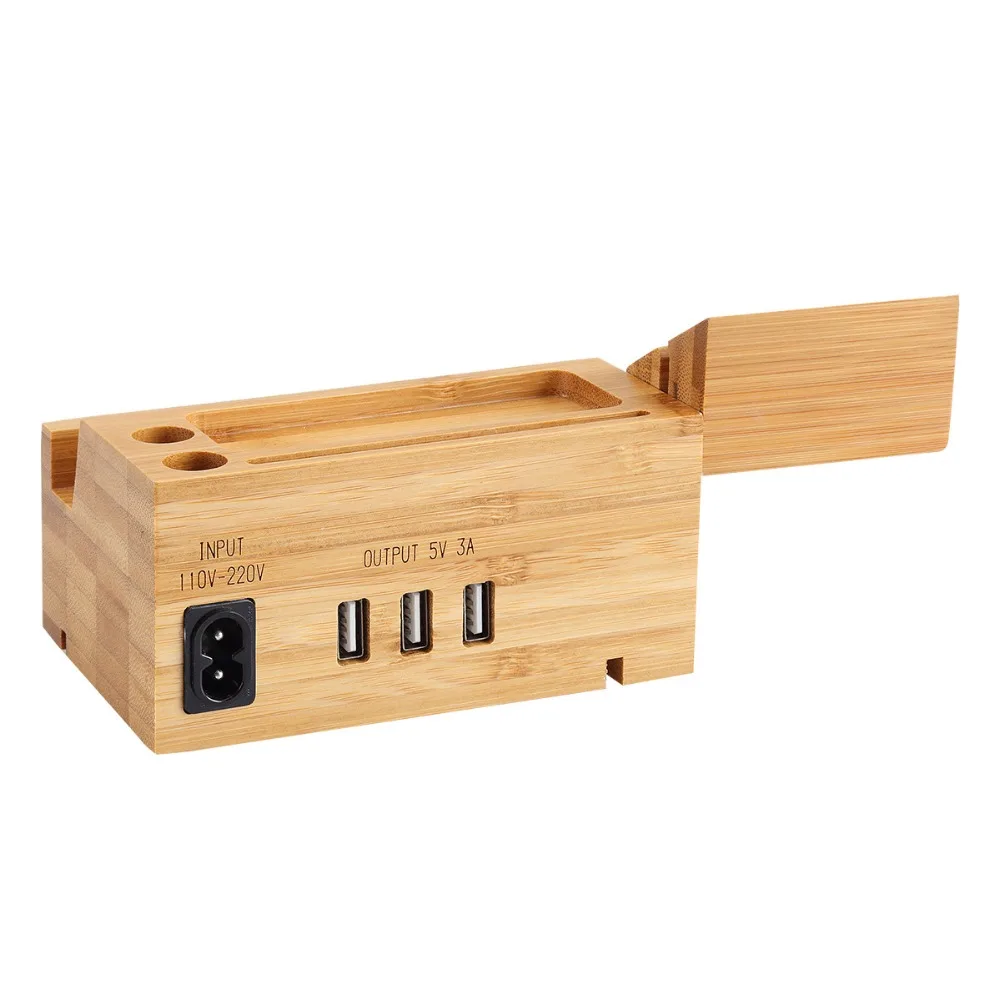

3-Port USB 15W 3A Bamboo Wood Charging Station Phone Stand Adapter Built-in for iPhone/iPad Mini/Hua Wei/and More Smartphone