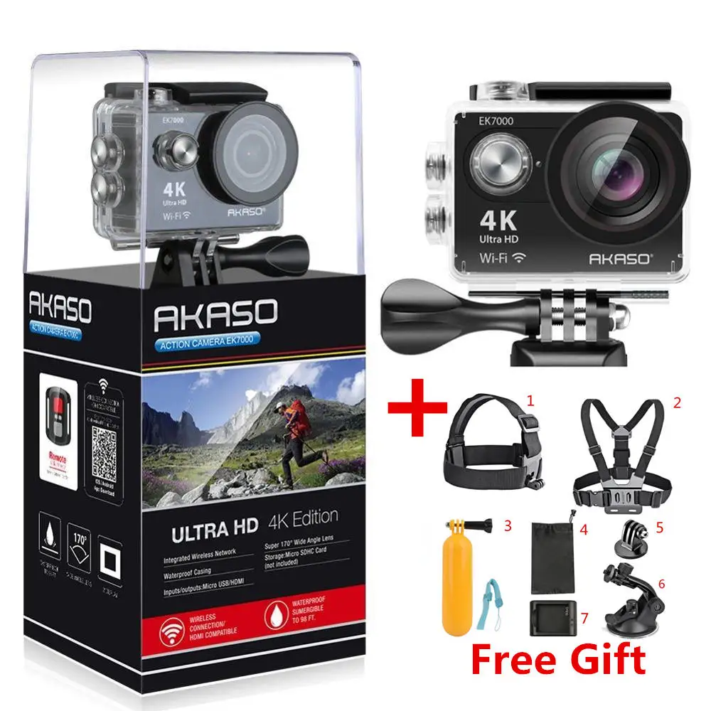 AKASO EK7000, 4 k, wifi, уличная спортивная экшн-камера, Ультра HD, водонепроницаемая, DV видеокамера, 12 МП, экстремальная подводная камера, 1080 p, 60fps, видео камера - Цвет: 7PCS SET AS Gift