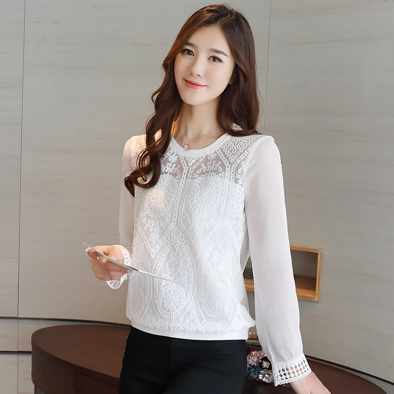 Корейская одежда женские Модные топы и блузки с длинными женские рукавами шифоновые кружевные женские топы однотонная рубашка женская 619 H 30