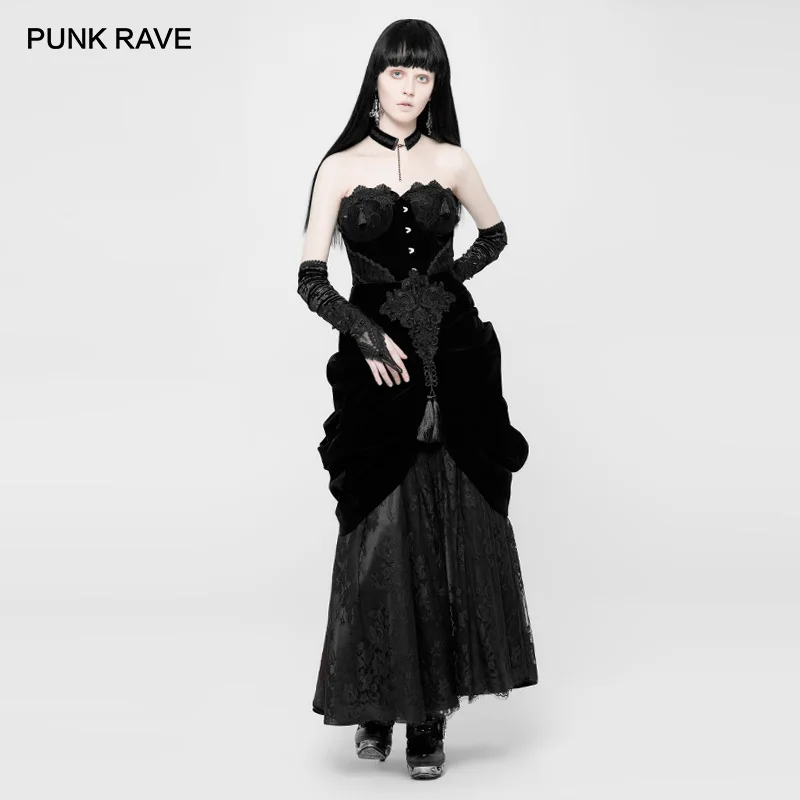 

PUNK RAVE Women's Gothic Palace Retro Gorgeous Layered Pleated Black-red Long Half Skirt Bud Silk Adornment Goth Fashion