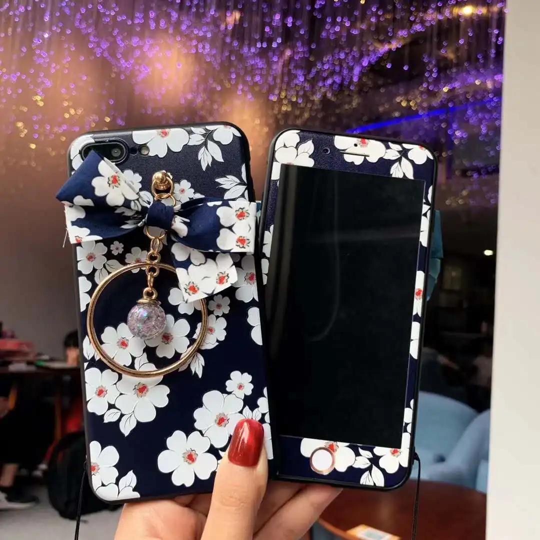 Для iPhone XS Max 3D Цветочный чехол для телефона+ пленка для экрана из закаленного стекла для iPhone X XR 7 8 6s Plus задняя крышка+ стеклянная пленка+ ремни - Цвет: case and flim strap