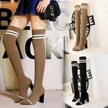 

New 2018 Sexy Slim Over The Knee Boots Winter Pointed Toe Warm Women Boots Lady Stretch Knitting Fashion Boots Female High Heels