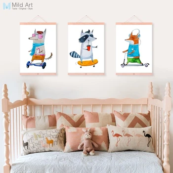 

Cute Hippie Sports Animal Bear Rabbit Wood Framed Poster Nordic Kids Boy Room Wall Art Picture Home Decor Canvas Painting Scroll