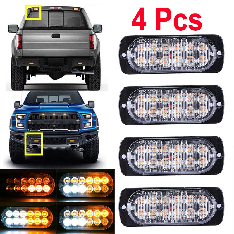 

4pcs 12-24V Car Truck Warning Strobe Light 12 LED Emergency Strobe Light Bar Hazard Beacon Flashing Lamp