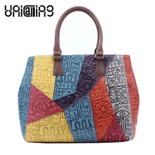 UniCalling, качественная Брендовая женская сумка, натуральная кожа, модная, иероглифическая, обшитая панелями, коровья кожа, женская сумка-тоут, лоскутный дизайн