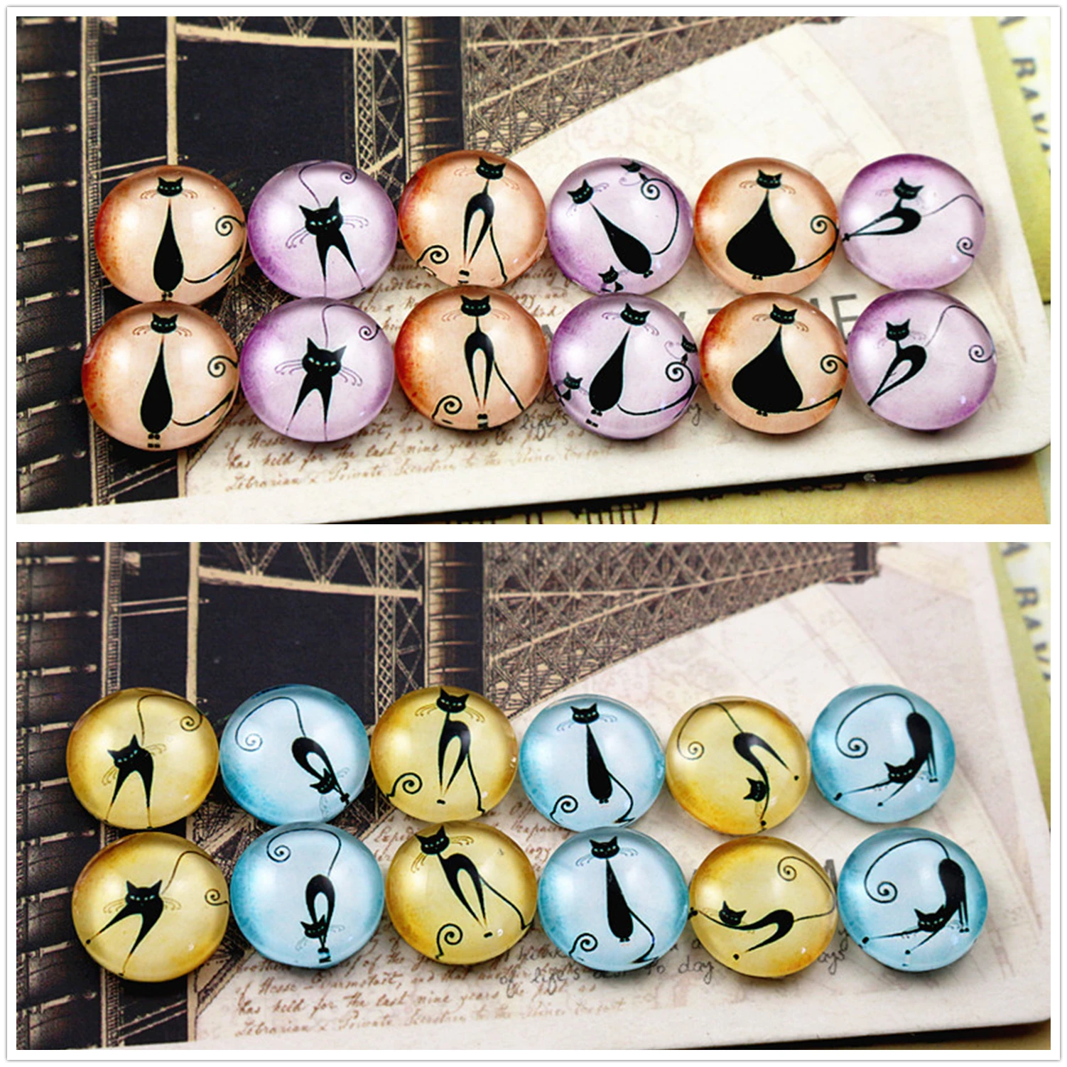 

12pcs/lot (One Set) Two Style 12mm Colors Cat Handmade Glass Cabochons Pattern Domed Jewelry Accessories Supplies