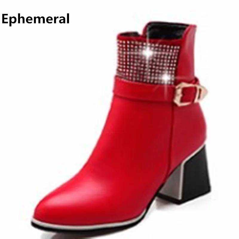 Lady Cheap Zip Plus size(4 14)women Pointed toe boots Ankle Buckle Rhinestones winter Velvet ...