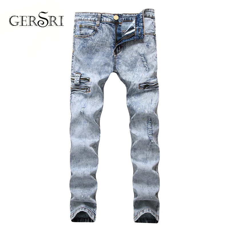Gersri Для Мужчин 'S рваные Узкие молнии Slim Fit байкерские джинсы стретч брюки мыть