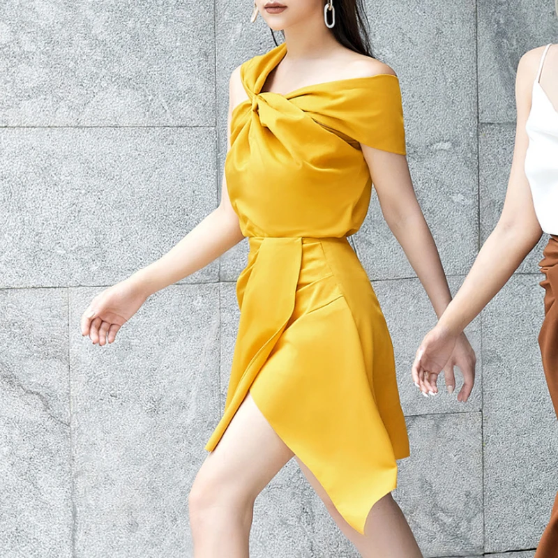 Max Spri New Fashion Asymmetrical Neckline Ruched Top Mini Wrap Skirt Office Lady 2 Pieces Sets Women Party Outfit Yellow