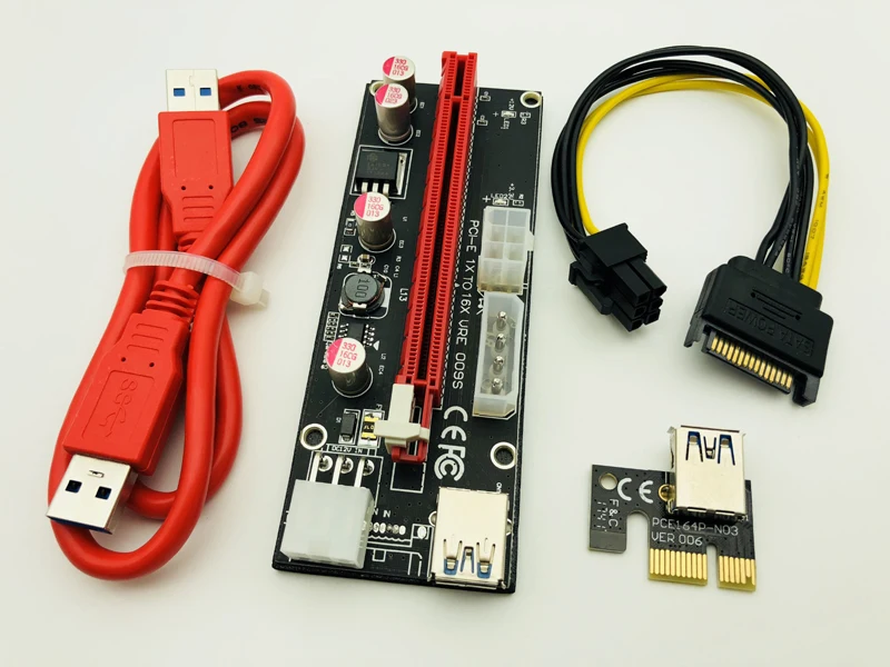 VER009S PCI Express PCIE PCI-E Riser Card 009s Molex 6Pin to SATA Power Supply USB 3.0 Cable 1X 16X Extender Adapter LED Mining