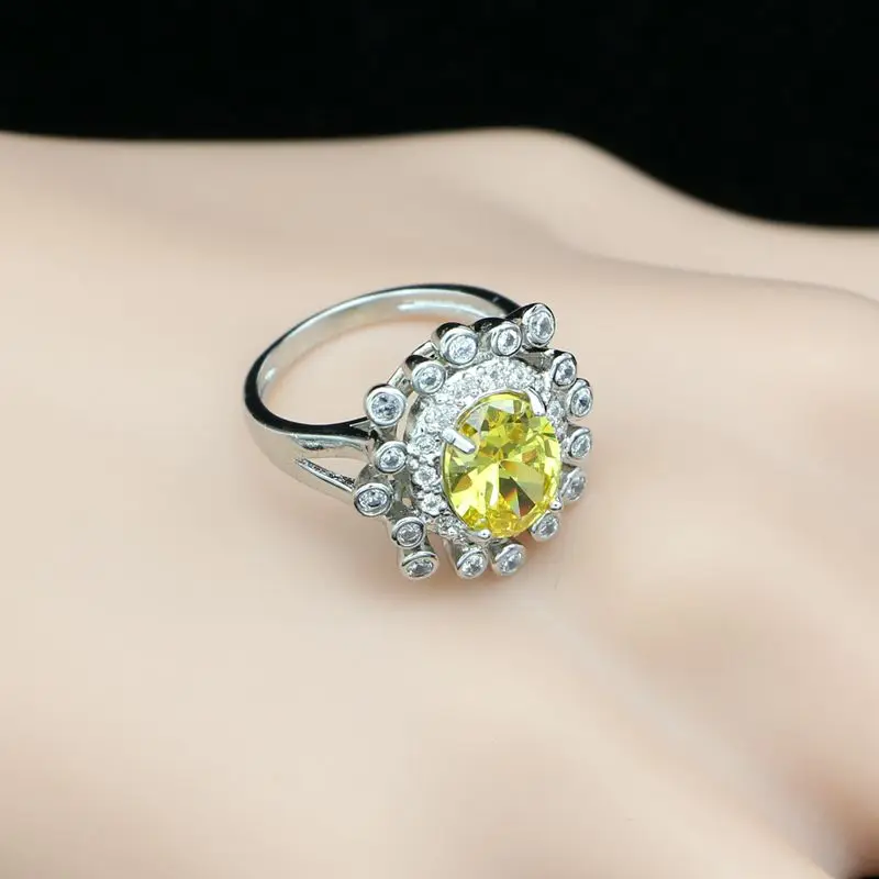 

925 Sterling Silver Ring Lemon Yellow Cubic Zirconia White Crystal Jewelry For Women