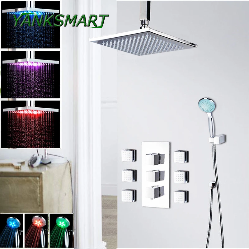 

YANKSMART Modern Wall Mounted Chrome Shower Faucet Column Set Single Handle LED Light Rain Shower Head and Handshower