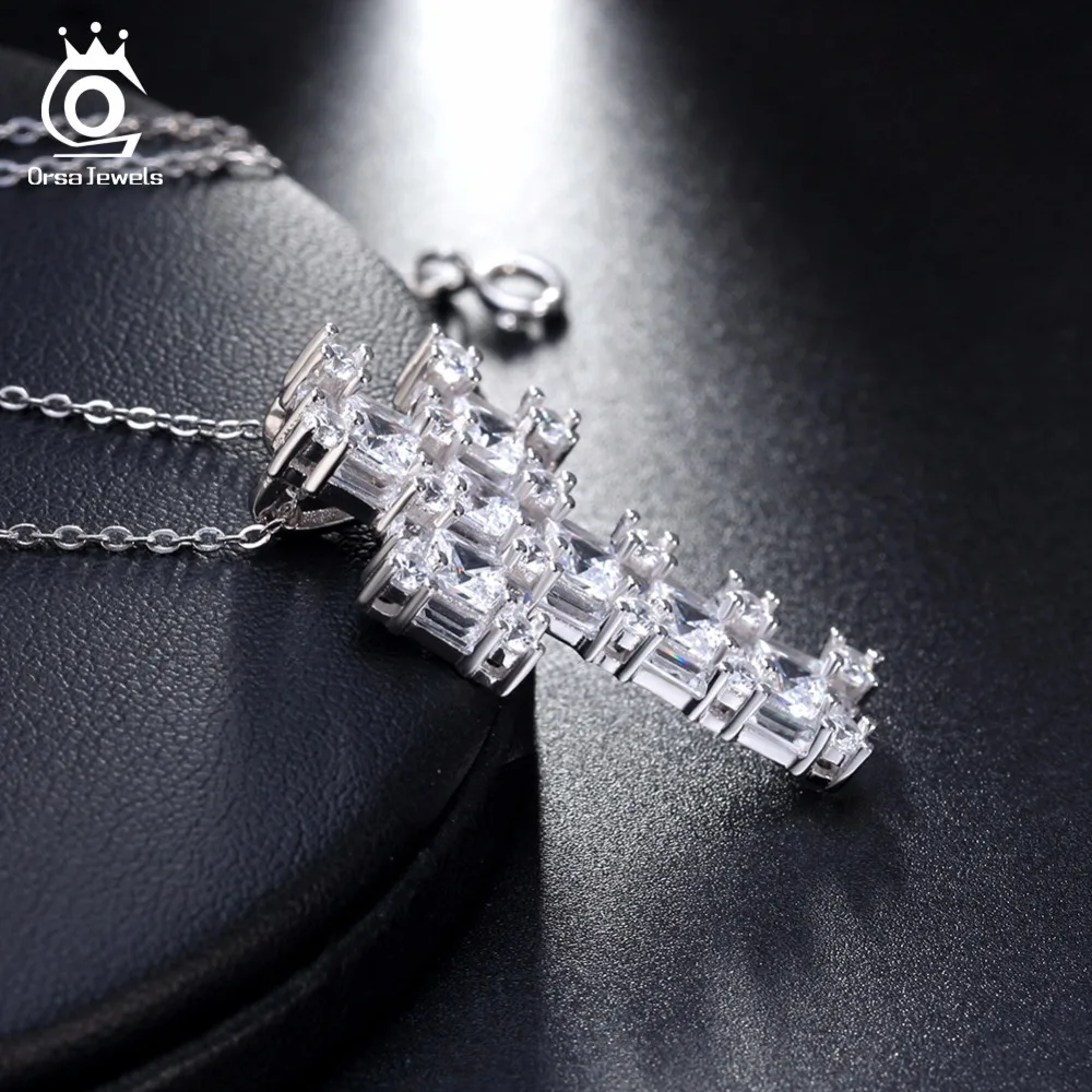 ORSA JEWELS Настоящее Стерлинговое серебро кулон и ожерелье для женщин AAA CZ зубец Установка крестообразной формы мужской тонкой 925 ювелирное изделие SN65