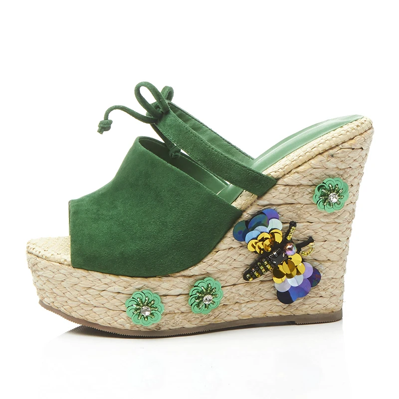 

Summer Style Women Mules Sexy Peep-toe Slides Slippers 9 cm High heels Green Wedges Pumps Butterfly Box Packing Q-822