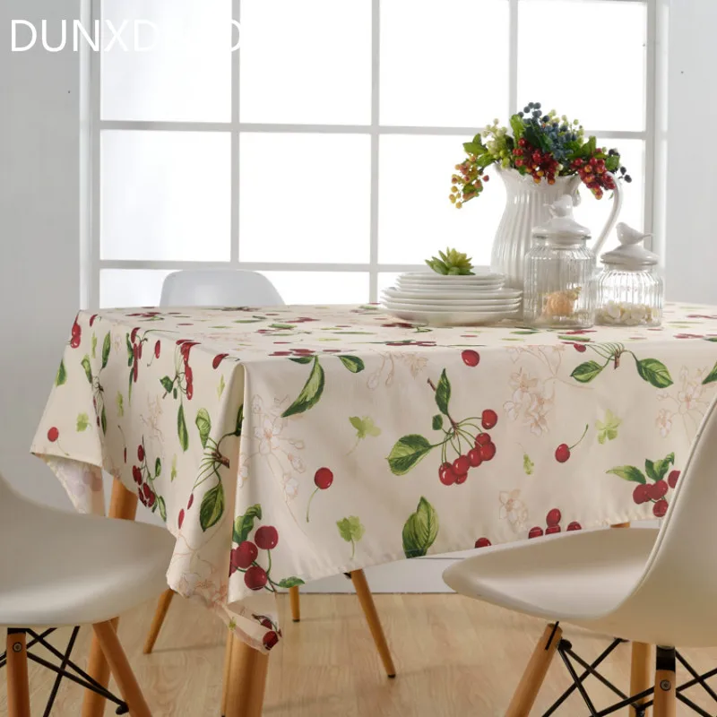 

DUNXDECO Tablecloth Water Oil Proof Table Cover Fabric French Country Style Fruite Cherry Print Bar Store Decorative Ground