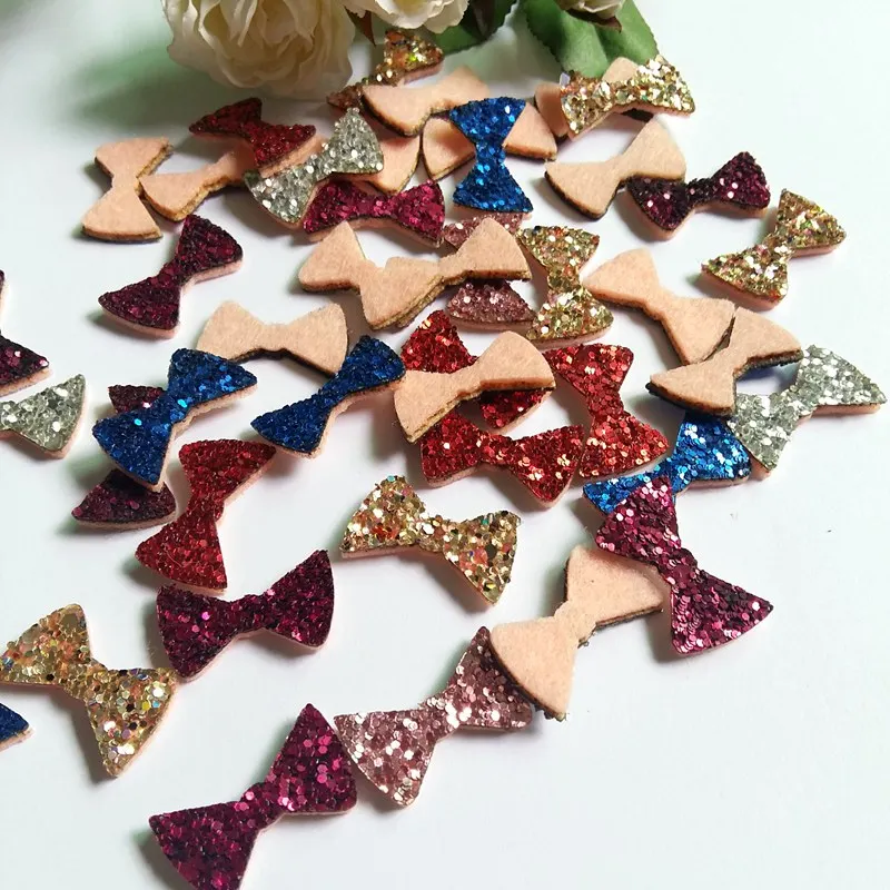 80 pieces 15MM*25MM Bowtie shape Glitter felt appliques DIY decorative