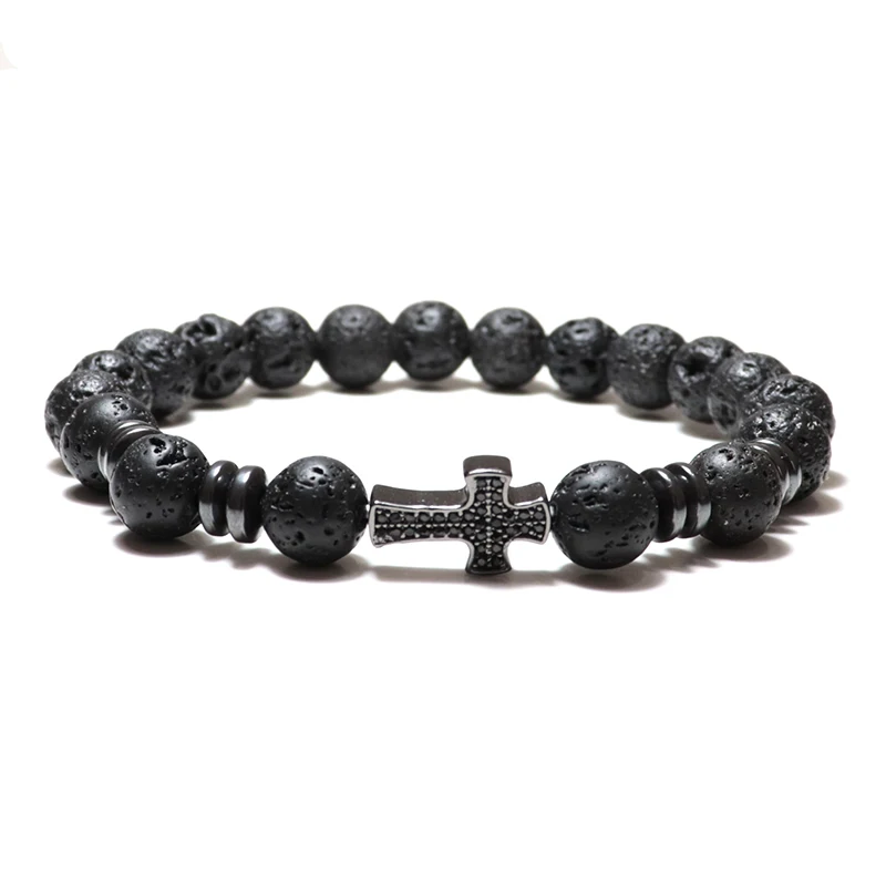 

Antique Natural Stone Beads Lava Bracelet Black Hematite Made Cross Braslet For Men Jewelry Pulseira Masculina