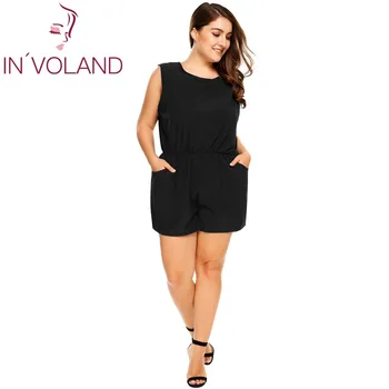 

IN'VOLAND Women Romper Plus Sizes Summer Autumn Sleeveless Backless Elastic Waist Solid Above Knee Jumpsuit With Pockets