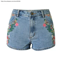Винтажные шорты с высокой талией, джинсы, Boho, 3D, Цветочная вышивка, женские брюки, большие размеры, одежда 2574