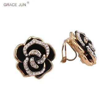 

GRACE JUN Vintage Gold Color Rose Flower Shape Clip on Earrings No Pierced for Women Gorgeous Cushion Earrings Needn't Ear Hole