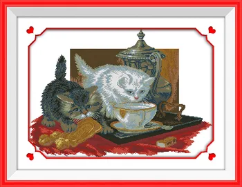 

The two cats drinking tea Canvas DMC Counted Cross Stitch Kits printed Cross-stitch set Embroidery Needlework