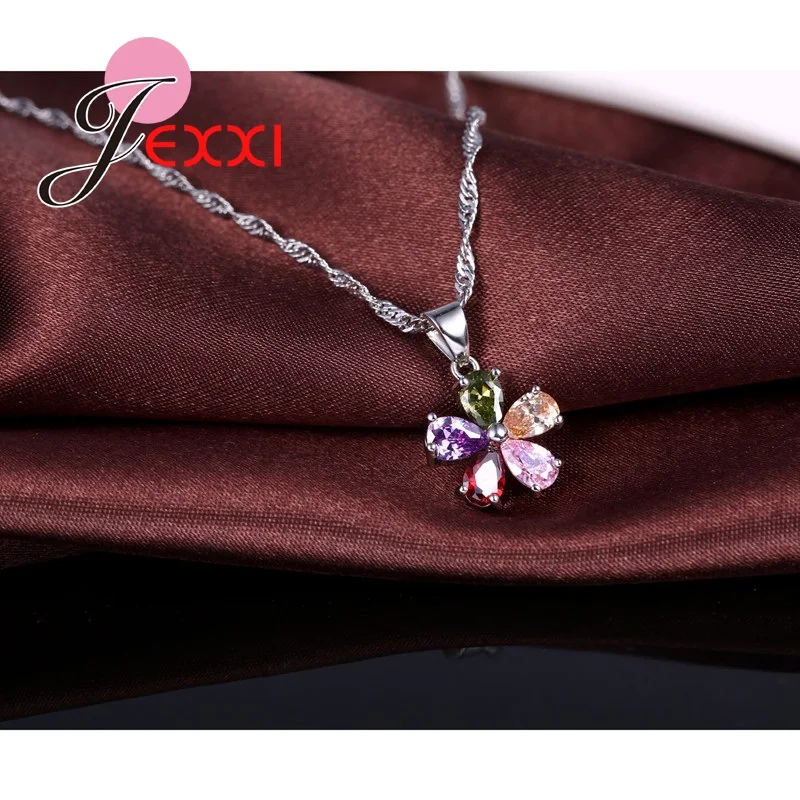 Jemmin Lovely Flower Women Girls Party Crystal Jewelry Set 925 Sterling Silver Necklace Earrings Set Holiday Gift Wholesale