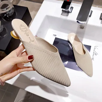

EOEODOIT Women Summer Autumn Slippers Med Kitten Heels Pointy Toe Slip On Pumps Slides Shoes Stretch Fabric Comfort 4 cm Heel