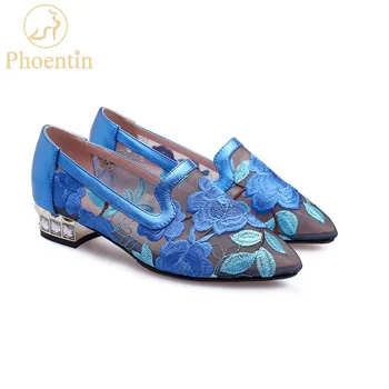 

Phoentin blue embroidery flower shoes women breathable mesh shoes crystal low heels large size 43 lace & mesh footwear FT671