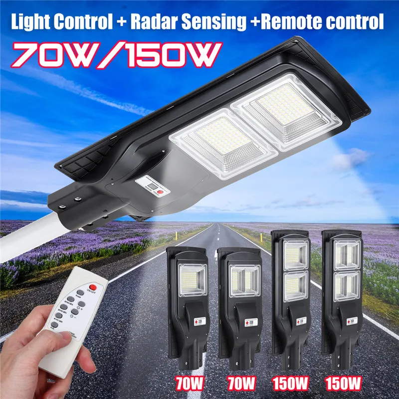 Nieuwe 70 W/150 W LED Zonne-straat Licht Lamp Licht + Radar Sensing + Afstandsbediening Waterdichte Outdoor tuin Hek Muur Timer Lamp Nieuwe 70 W/150 W LED Zonne-straat Licht Lamp Licht + Radar Sensing + Afstandsbediening Waterdichte Outdoor tuin Hek Muur Timer Lamp