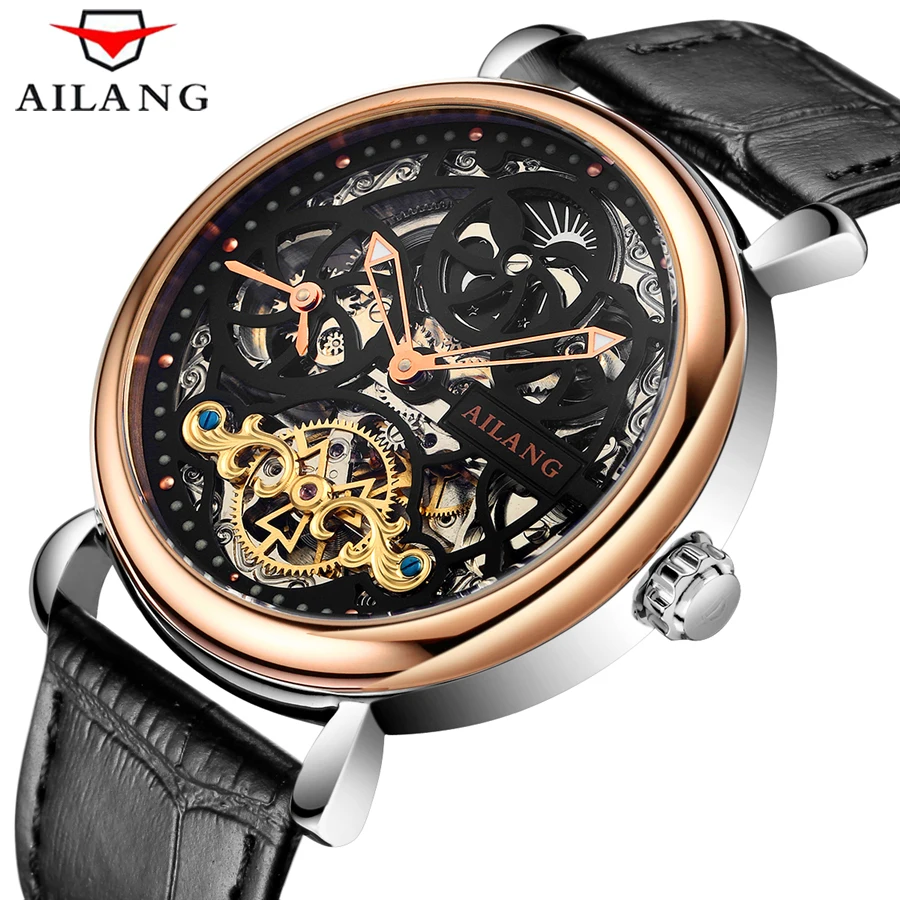 buy AILANG Men Automatic Mechanical Skeleton Watches Relogios Luxury Famous Brand Genuine Leather Strap 50M Waterproof Wrist Watch