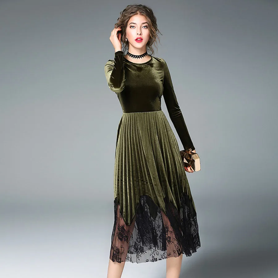 Hunter green long sleeve velvet dresses for women