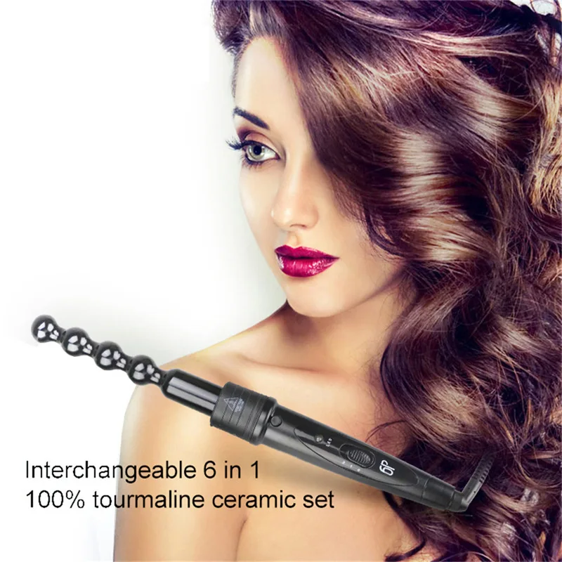 

New 6 in 1 Clipless Ceramic Curling Wand Hair Curler Set Pro Interchangeable Barrel 9MM-32MM Tourmaline Curling Iron MachineD261