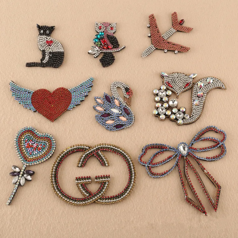 

Crystal Handmade Rhineston beaded love bow tie fox swan Patches Iron Sew on sequined patch for clothing beading Applique