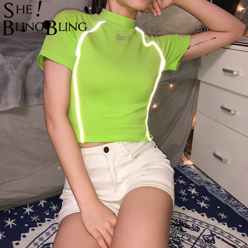 

SheBlingBling Summer Fashion Neon Casual T-shirt Women Tops Reflective Stripe Patchwork Letters Print Short Sleeve Ladies Tops